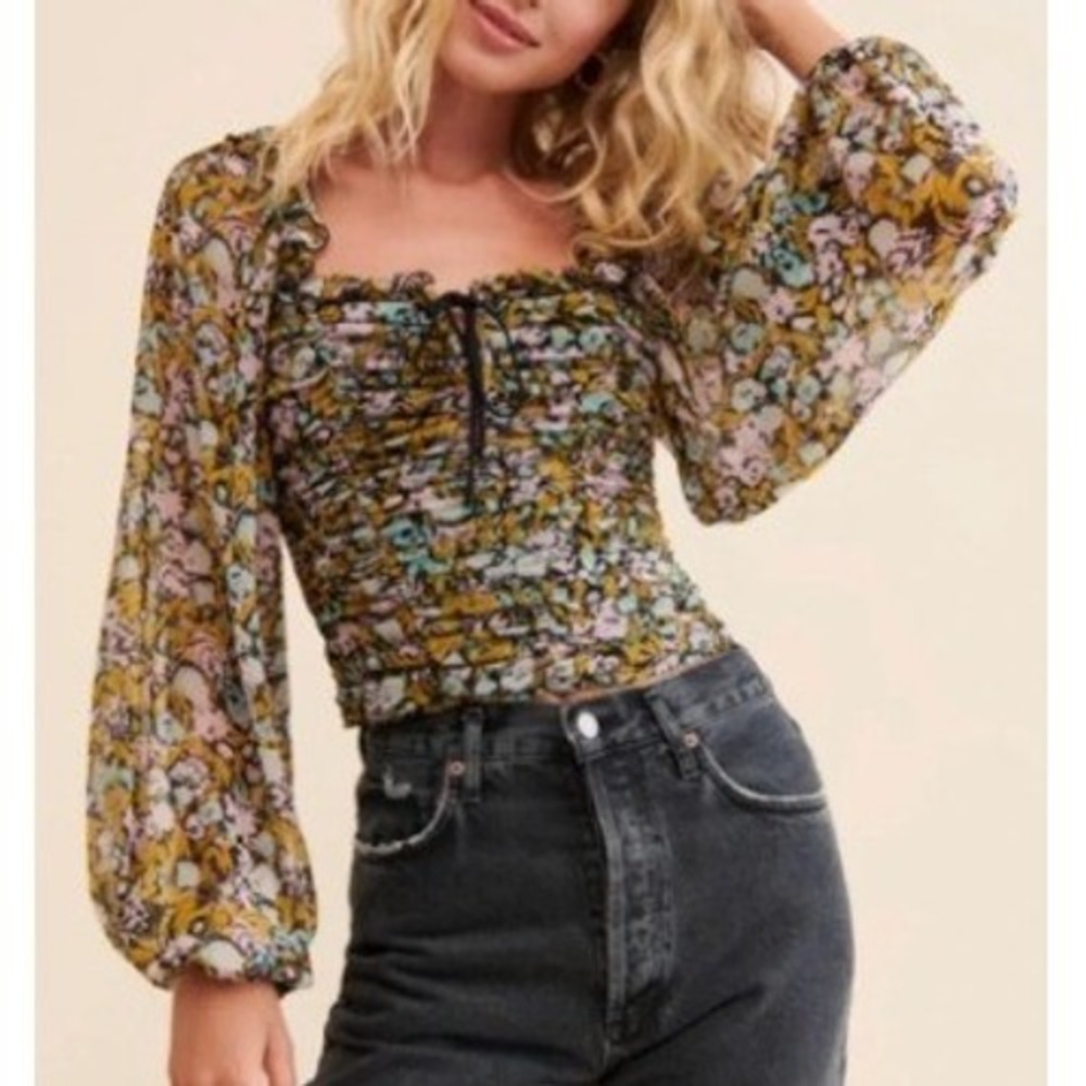 Free People Floral Ruched Lace Up Smocked Back Long Sleeve Blouse Yellow Pink L